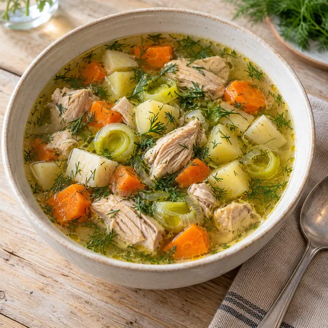 Kycklingsoppa med morot, potatis, palsternacka och dill i en ljus skål