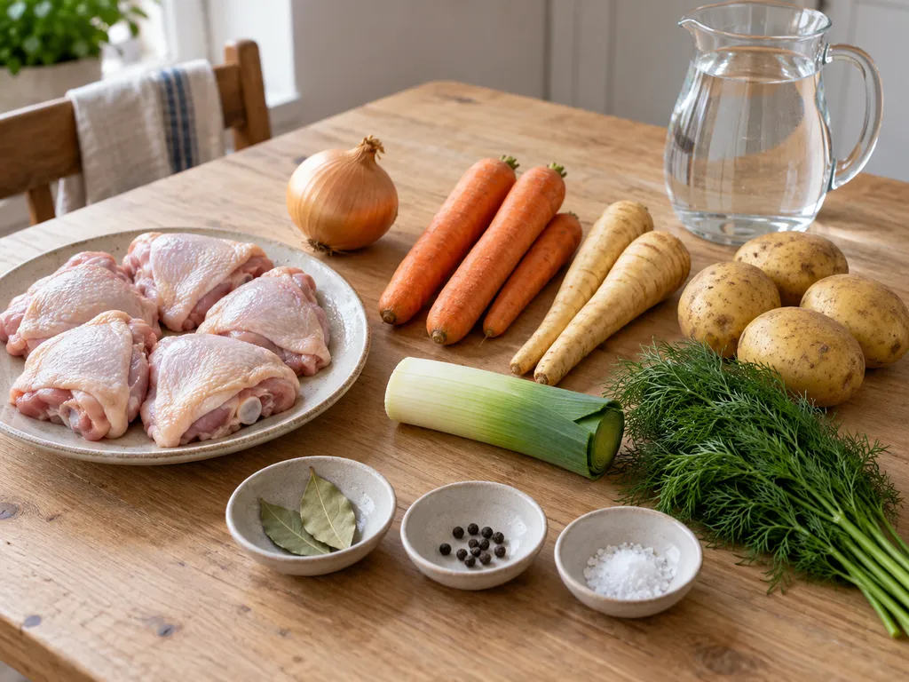 Kycklinglår, rotfrukter, purjolök, dill och kryddor till kycklingsoppa