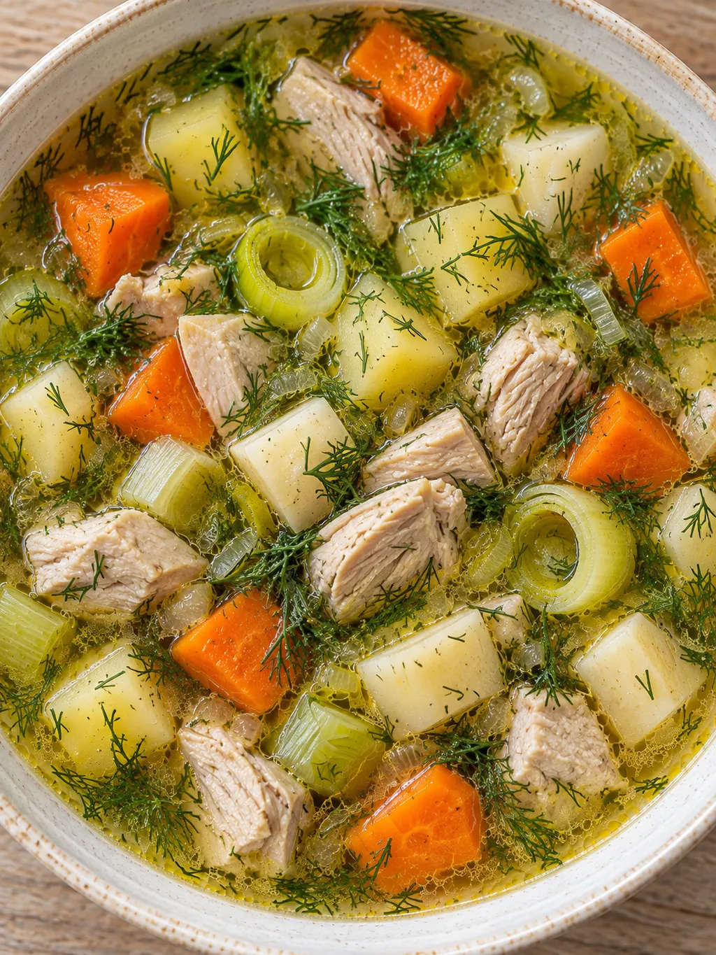 Ljus kycklingsoppa med rotfrukter, purjolök och rikligt med färsk dill