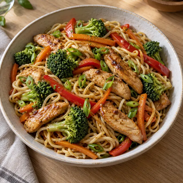 Kycklingwok med äggnudlar, broccoli, paprika, morot och salladslök