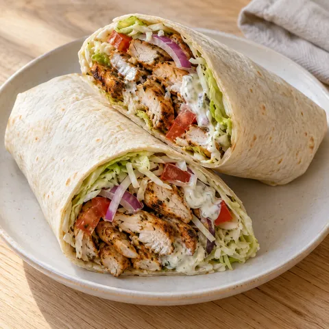 Kycklingwraps med vitlökssås, vitkål och tomat på en ljus tallrik