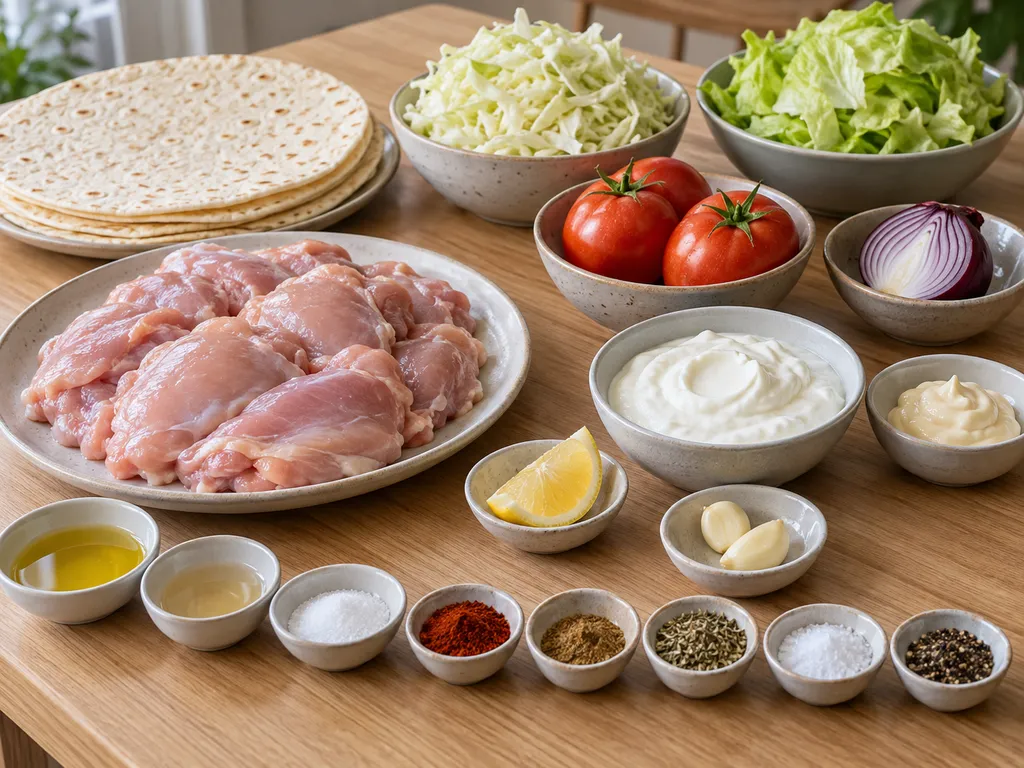 Kyckling, tortillor, yoghurt, vitlök, vitkål och övriga råvaror till wraps