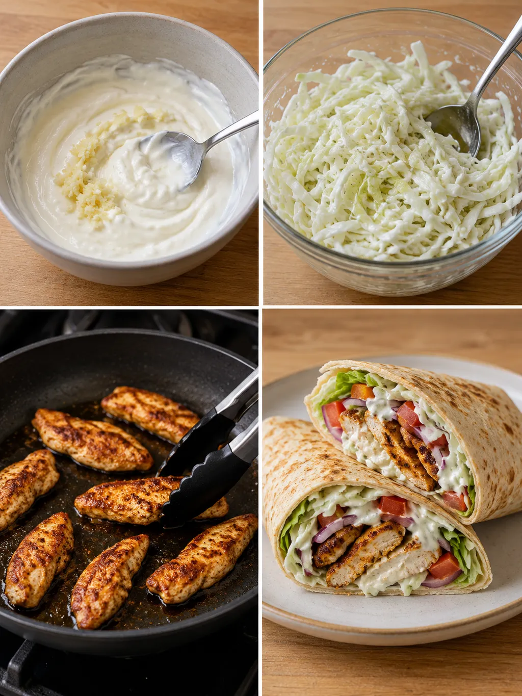 Vitlökssås, kålsallad, stekt kyckling och färdiga kycklingwraps