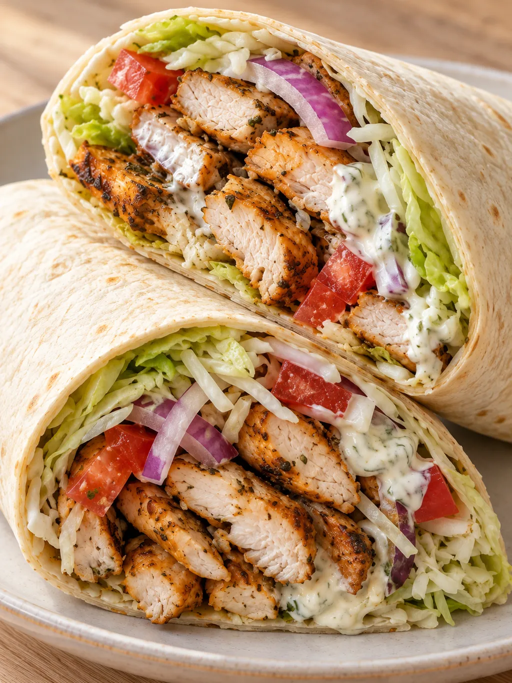Delade kycklingwraps med brynt kyckling, krispig kål och krämig vitlökssås