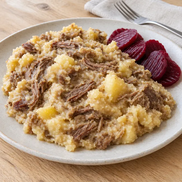 Lapskojs med grovmosad potatis, mör högrev och inlagda rödbetor