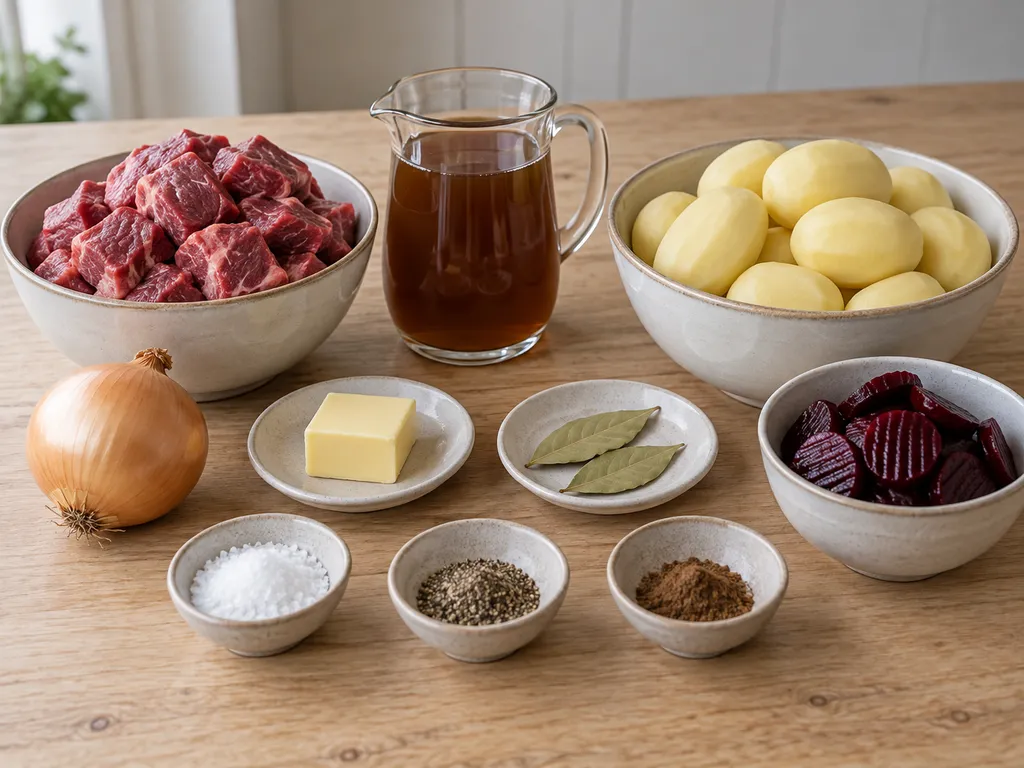 Högrev, potatis, lök, buljong, smör, kryddor och inlagda rödbetor till lapskojs