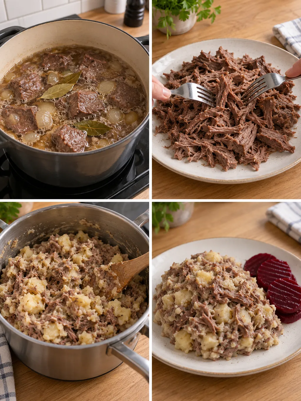 Högrev sjuds och finfördelas, blandas med potatis och serveras som lapskojs