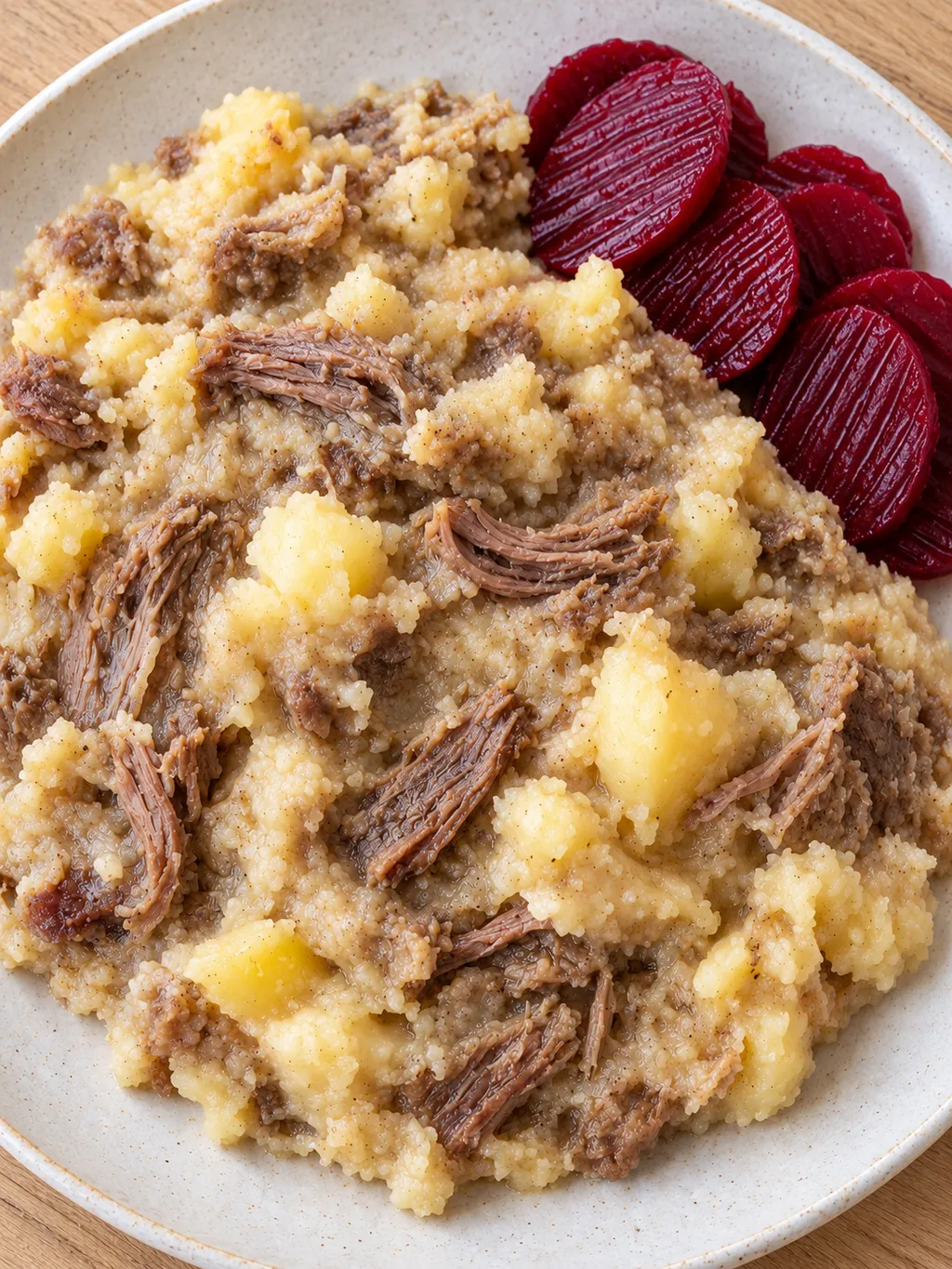 Lapskojs med högrevsfibrer och mjuk potatis bredvid mörkröda rödbetsskivor