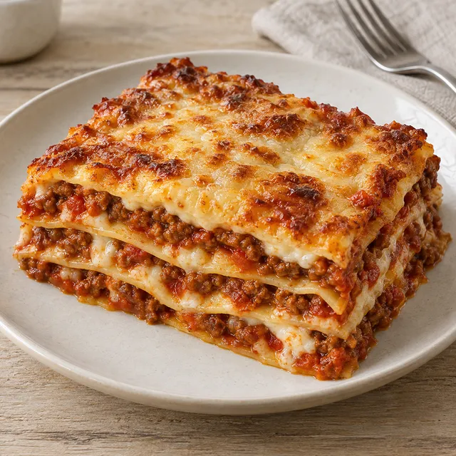 Lasagne med köttfärssås, ljus ostsås och gyllene osttäcke på en keramiktallrik