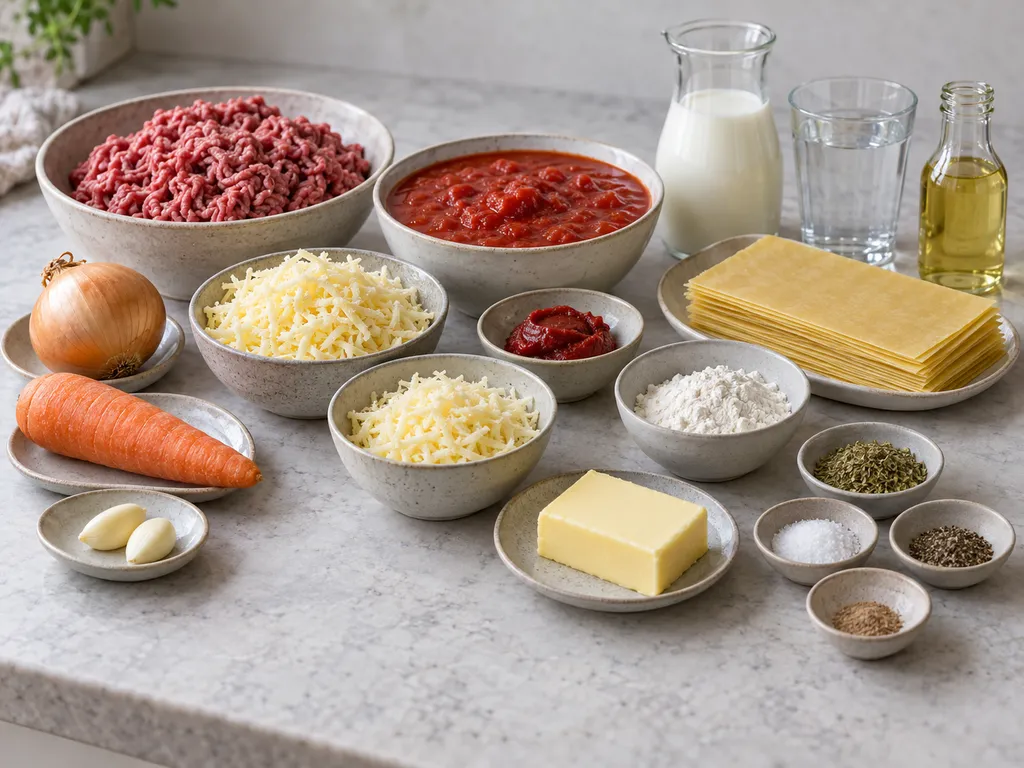 Färs, tomater, lasagneplattor, mjölk, ost och övriga råvaror till lasagne