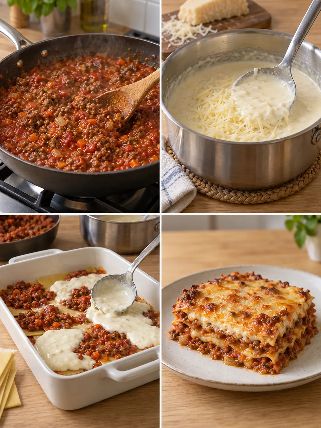 Köttfärssås, ostsås och varvning av lasagne följt av en färdig portion