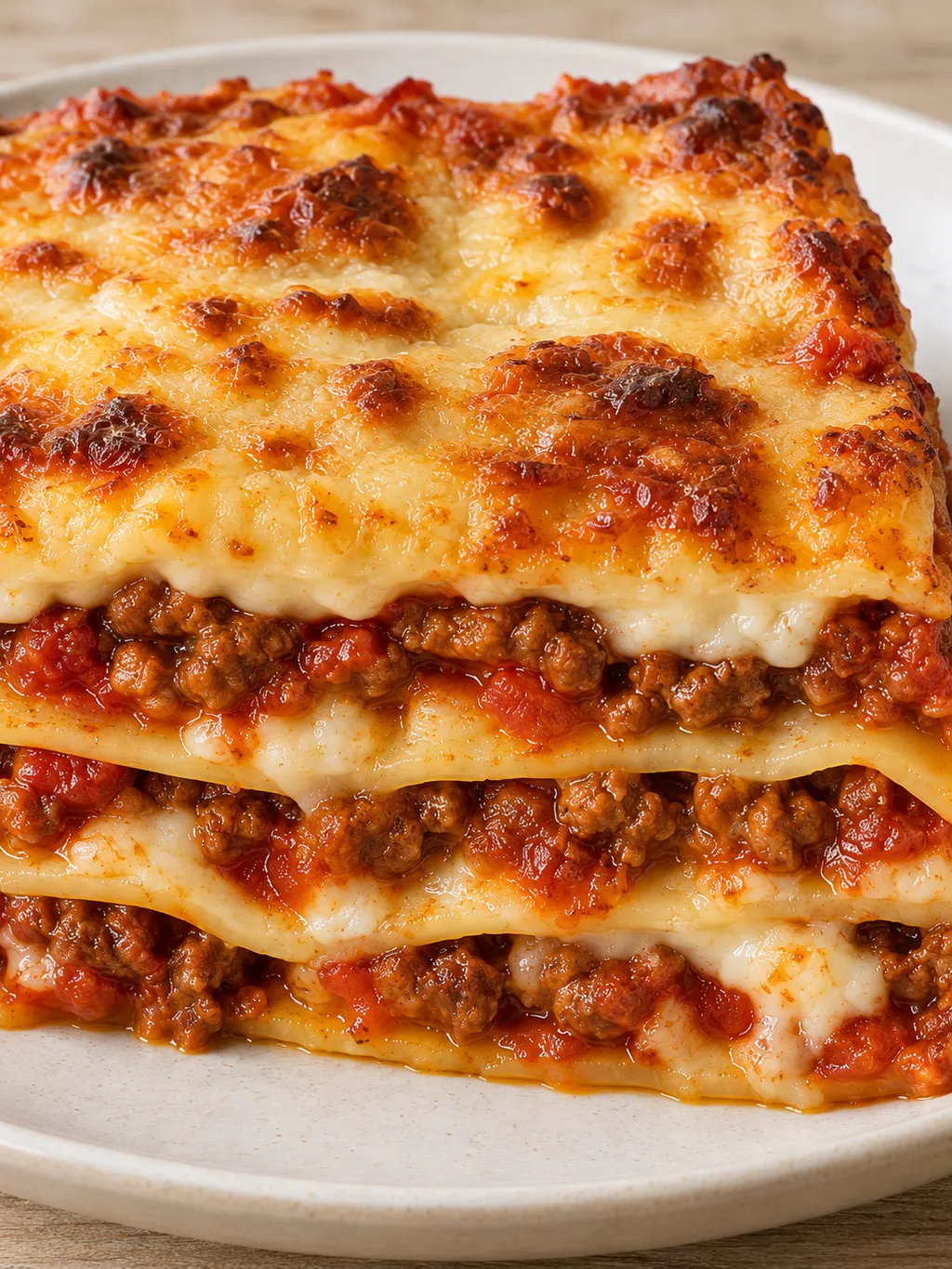 Lasagne med tydliga pastalager, saftig köttfärssås och brynt osttäcke