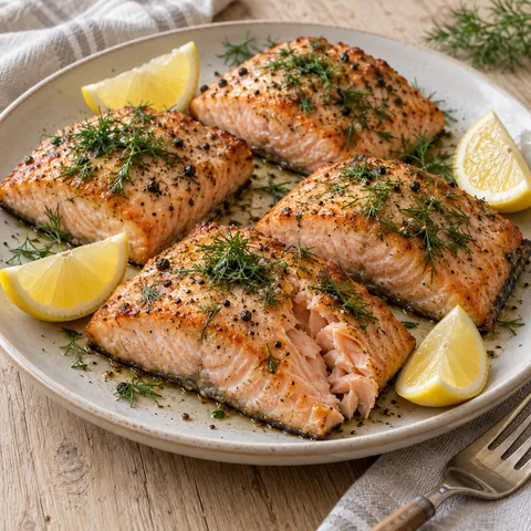 Lax i airfryer med lätt brynta kanter, färsk dill och citronklyftor