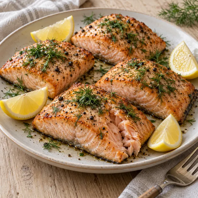 Lax i airfryer med lätt brynta kanter, färsk dill och citronklyftor