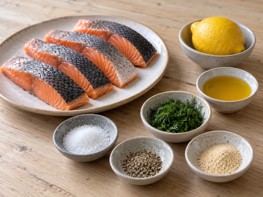 Fyra råa laxbitar med rapsolja, salt, peppar, vitlökspulver, citron och dill