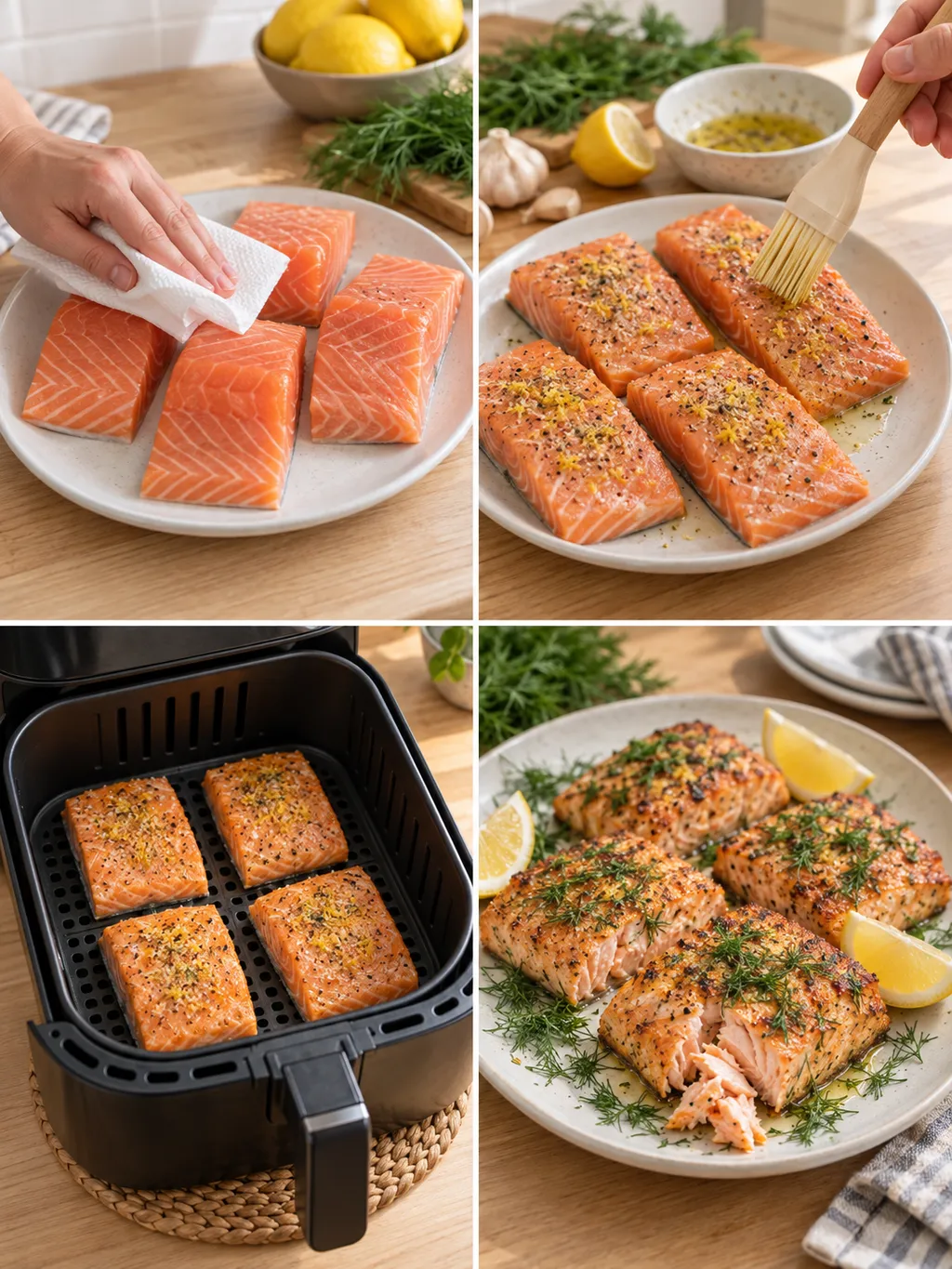 Laxen torkas, penslas och läggs i korgen före servering med dill och citron