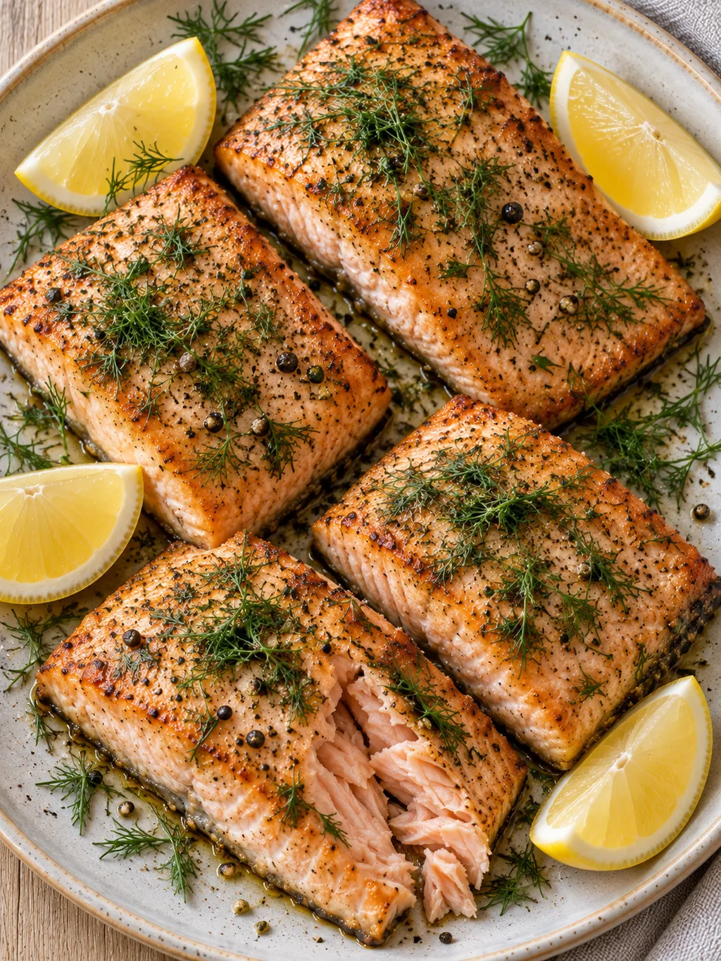Fyra tillagade laxbitar med färsk dill och citron på ett ljust serveringsfat