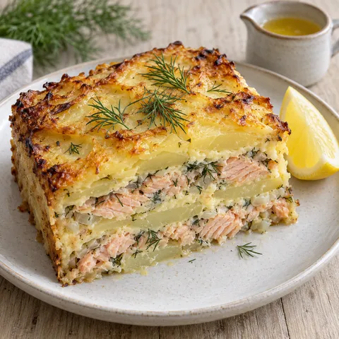 Laxpudding med gyllene potatistäcke, rosa lax, dill och citron