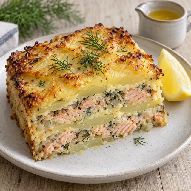 Laxpudding med gyllene potatistäcke, rosa lax, dill och citron