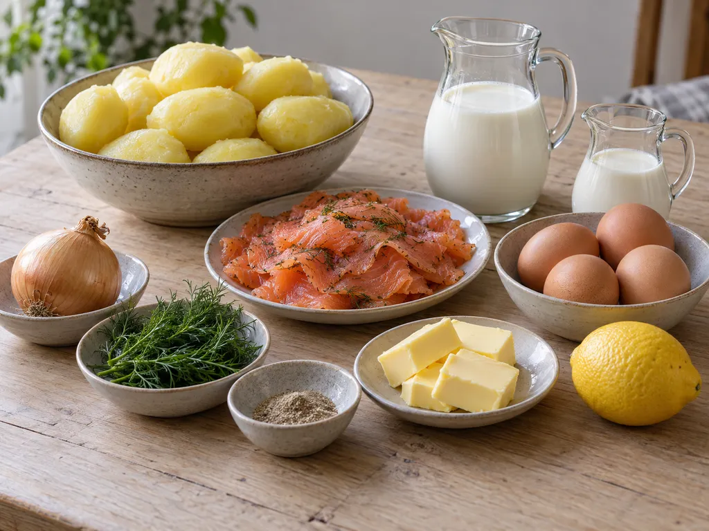 Potatis, gravad lax, dill, lök, ägg, mjölk, grädde, smör, vitpeppar och citron