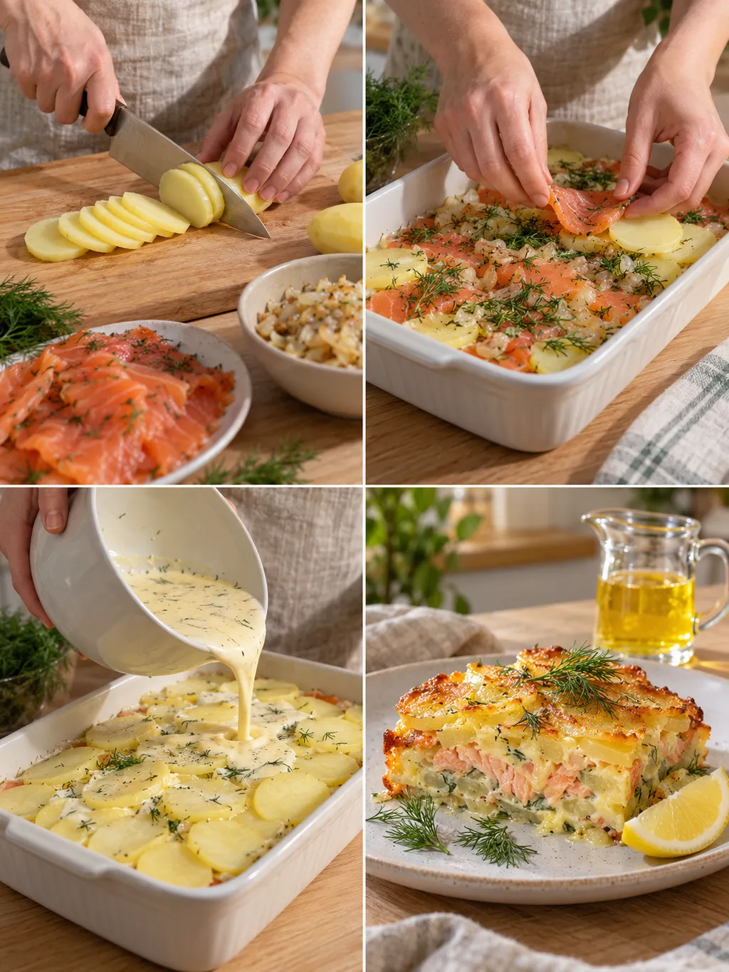 Potatis skivas och varvas med lax före äggstanningen och den färdiga laxpuddingen