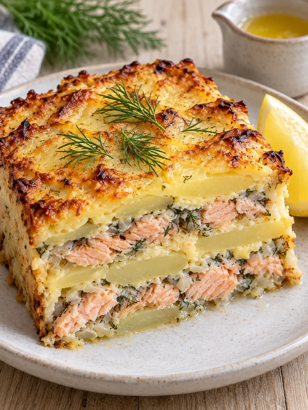Laxpudding med tydliga lager av potatis och lax samt dill och citron