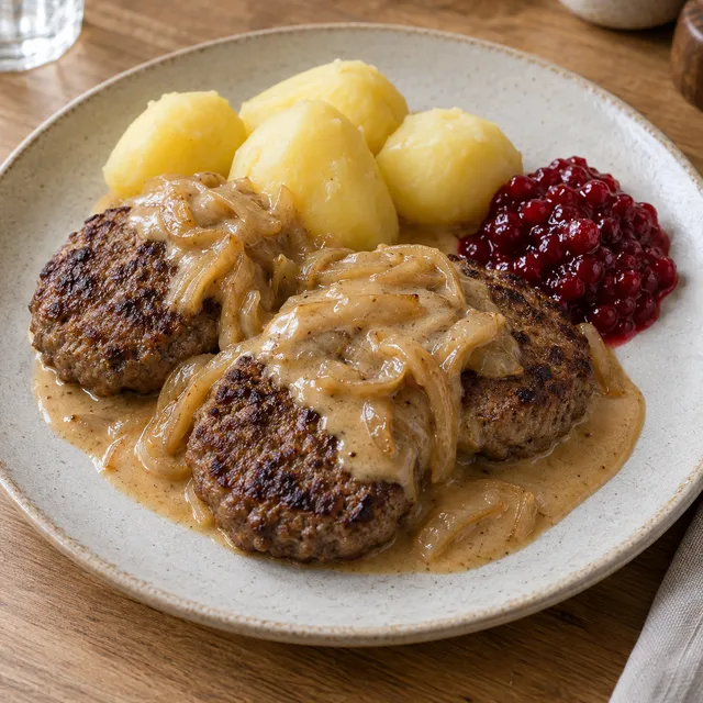 Leverbiffar med gräddig löksås, kokt potatis och lingonsylt på en ljus tallrik