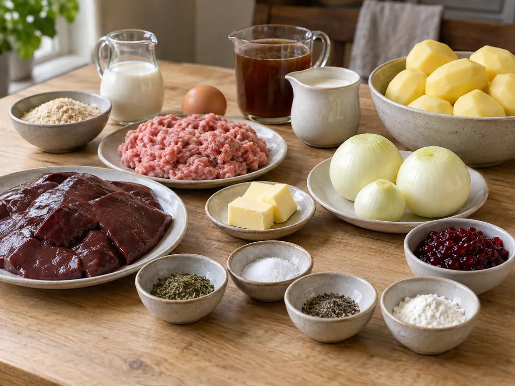 Nötlever, fläskfärs, lök och övriga råvaror till leverbiff med löksås och lingon