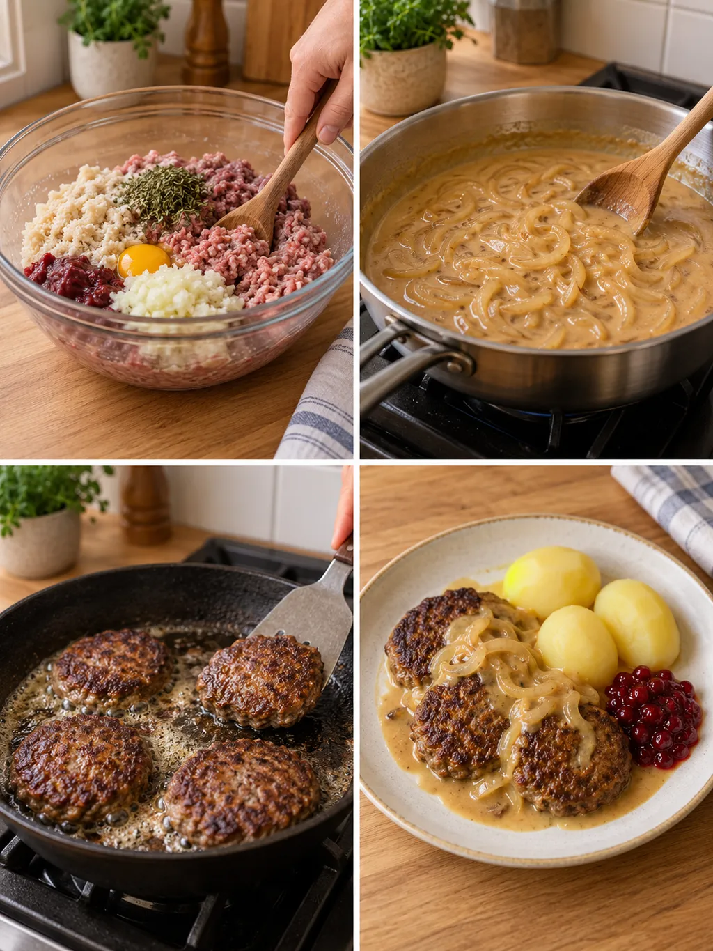 Leversmet, löksås, stekta leverbiffar och en färdig portion med potatis och lingon