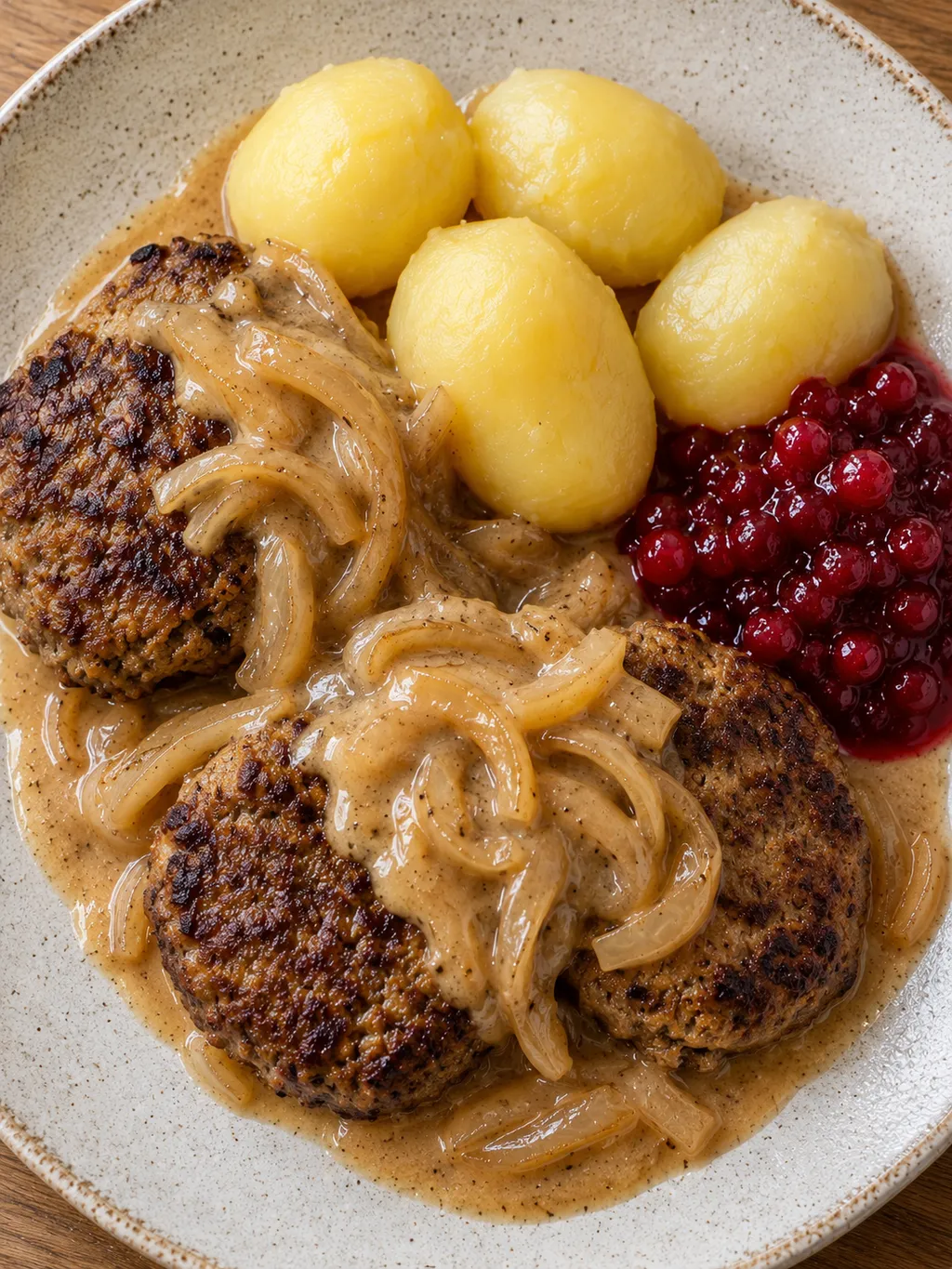 Brynta leverbiffar med löksås, kokt potatis och röda lingon