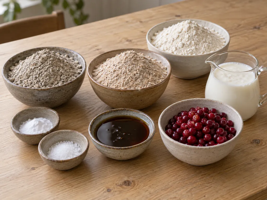 Rågmjöl, grahamsmjöl, vetemjöl, filmjölk, sirap, lingon, bikarbonat och salt