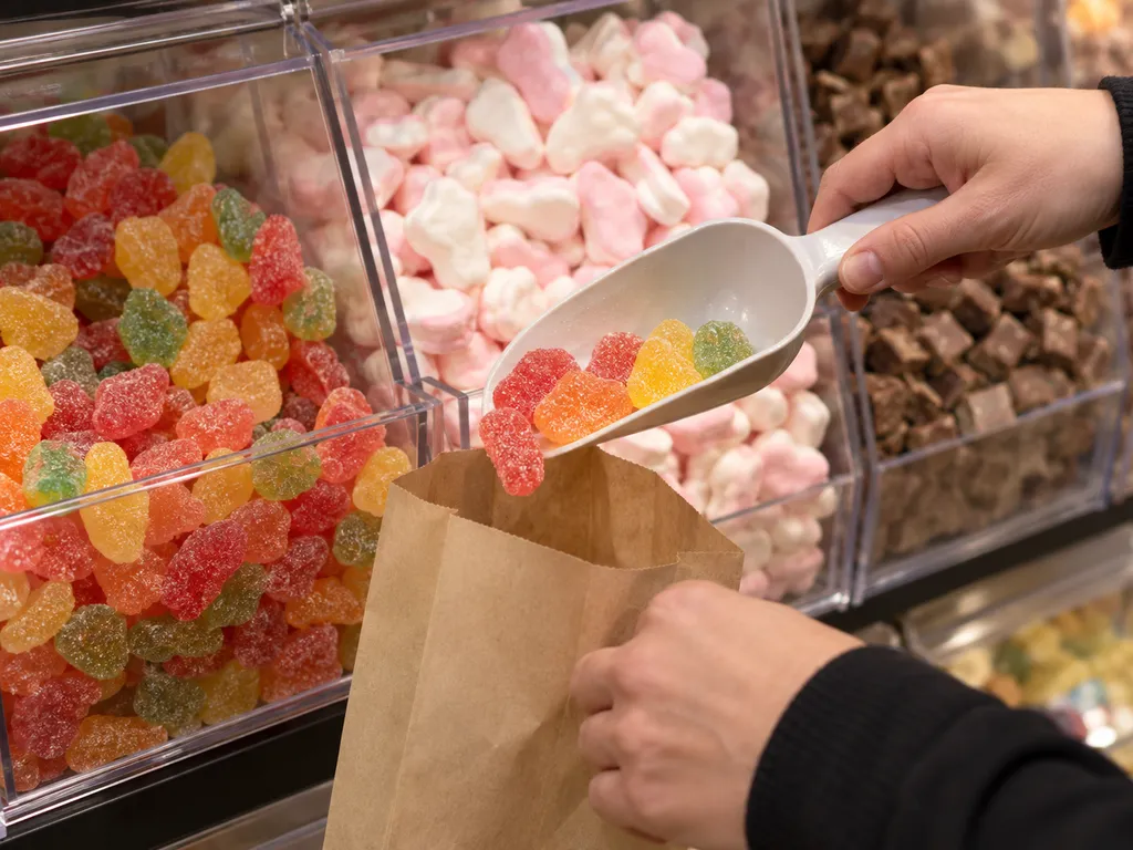 En hand lägger lösgodis i en papperspåse med butikens skopa.