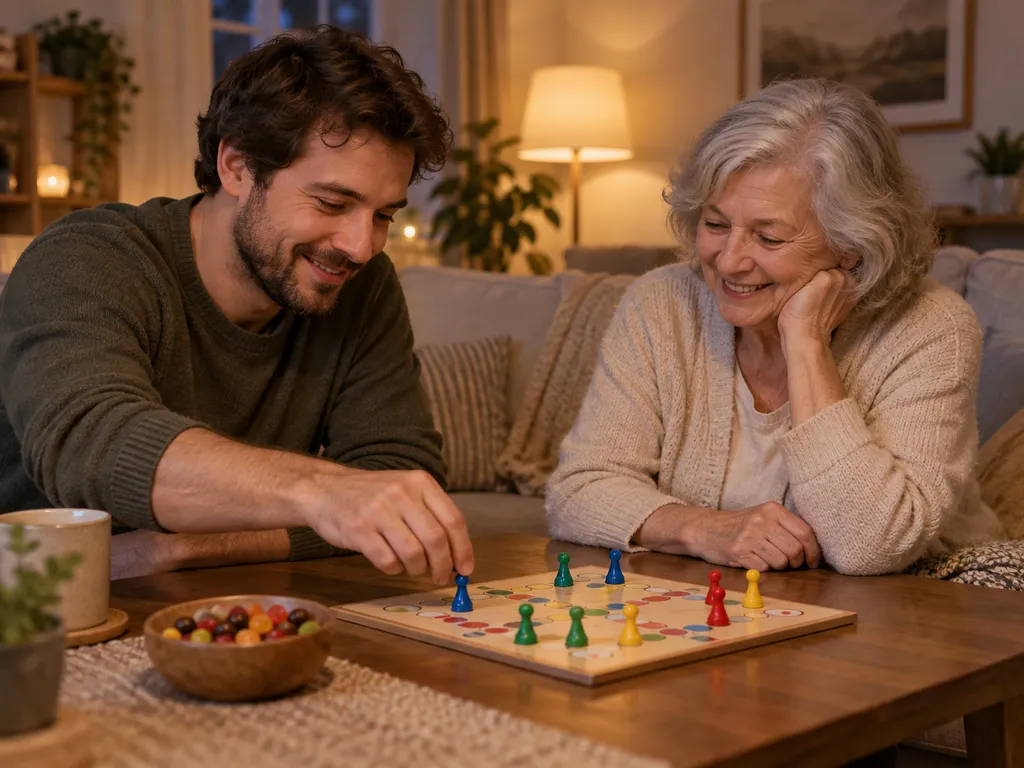 Två vuxna spelar ett brädspel med en liten godisskål vid sidan av.