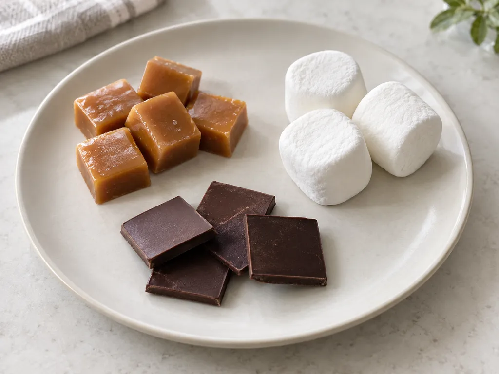 Ett fat med små kolor, enkla chokladbitar och vita marshmallows.