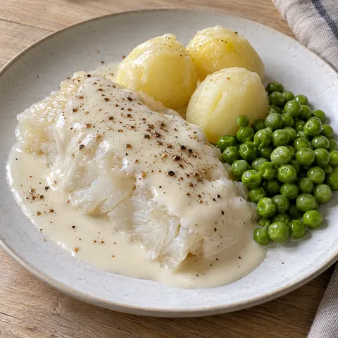 Lutfisk med vit sås, stött kryddpeppar, gröna ärtor och kokt potatis