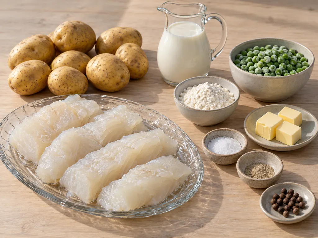 Lutfisk, potatis, ärtor, mjölk, smör, mjöl och kryddor inför tillagningen