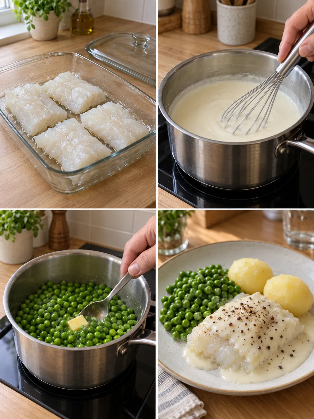 Lutfisk i form, vit sås, smörvända ärtor och den färdiga portionen med potatis