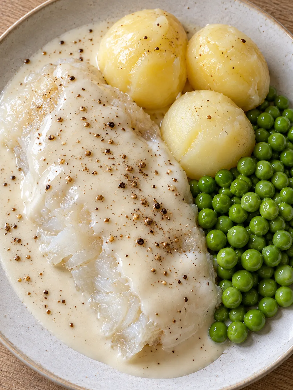 Lutfisk under vit sås med kryddpeppar, gröna ärtor och kokt potatis