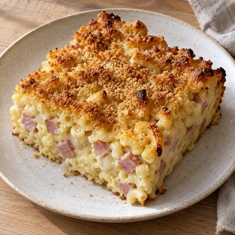Makaronipudding med skinktärningar, mjuk äggstanning och gyllene ströbrödsyta
