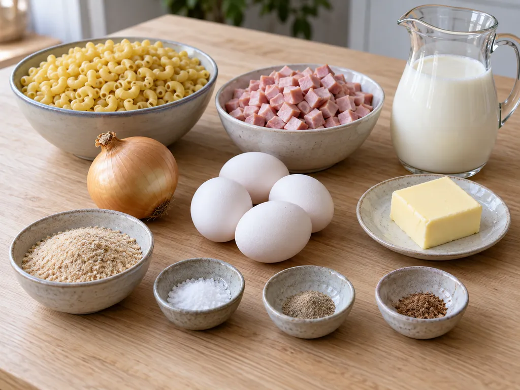 Makaroner, skinka, lök, ägg, mjölk, smör, ströbröd och kryddor till makaronipudding
