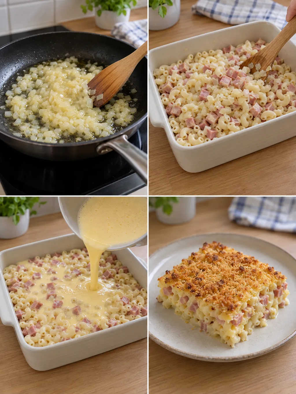 Lök steks, makaroner blandas med skinka, äggstanning hälls på och färdig pudding serveras