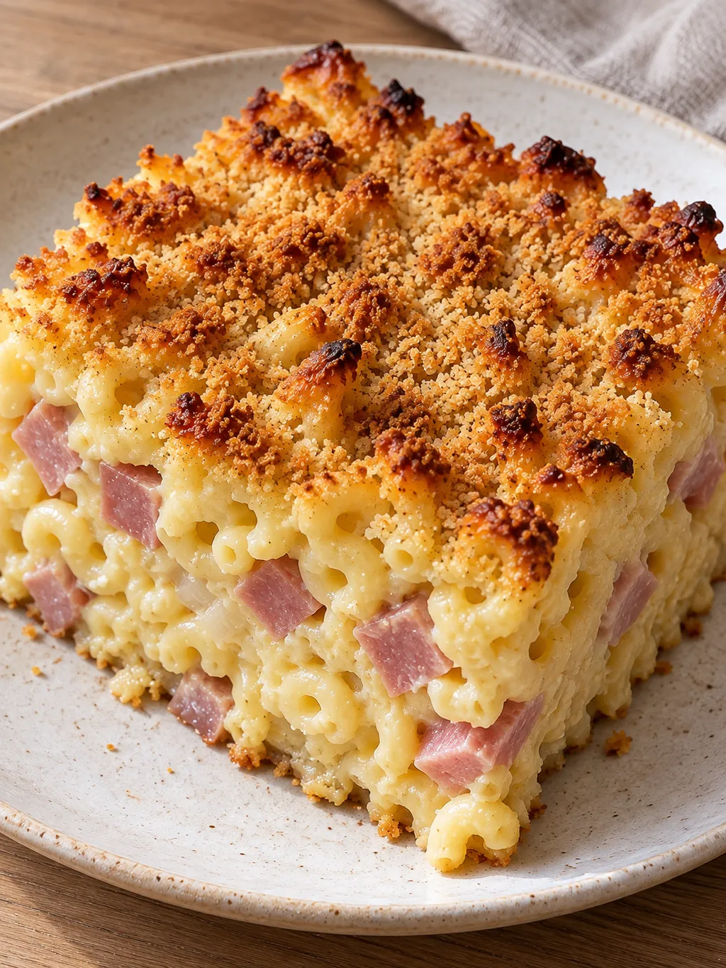En portion makaronipudding med skinka och äggstanning under ett frasigt ströbrödstäcke