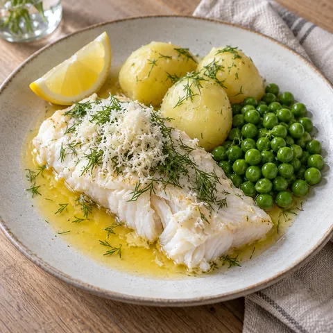 Ugnsbakad gös med pepparrot, skirat smör, kokt potatis och gröna ärtor