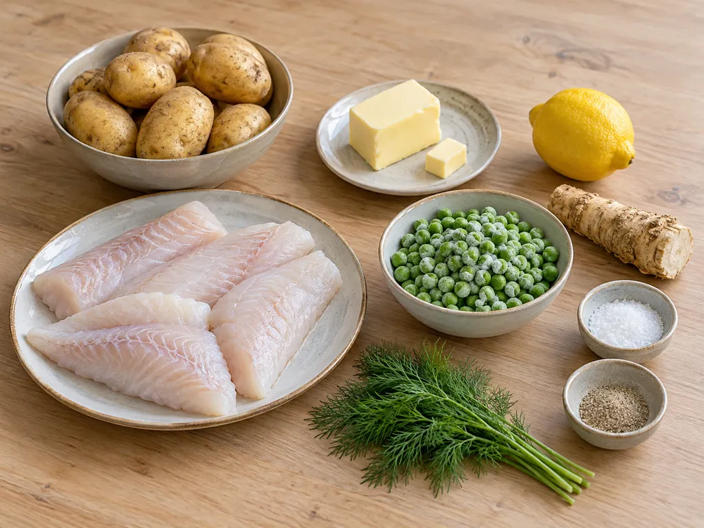 Gösfiléer, potatis, smör, citron, pepparrot, ärtor, dill, salt och vitpeppar