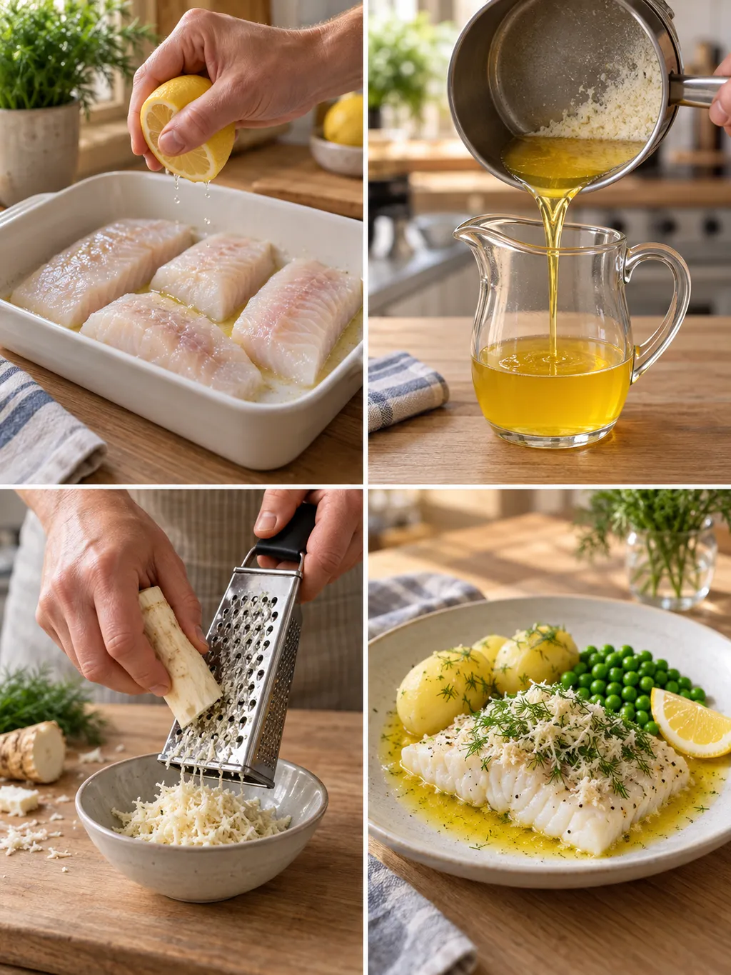 Gös förbereds med citron, smör skiras och pepparrot rivs före servering