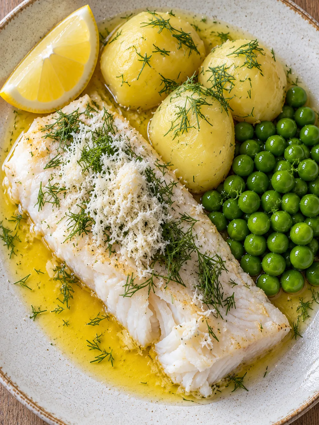 Gös med finriven pepparrot, dill och skirat smör samt potatis och ärtor