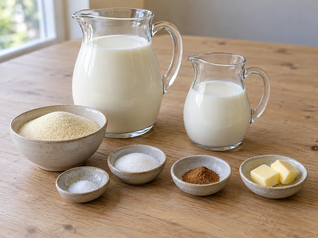 Mjölk, mannagryn, salt, socker, kanel och smör i separata kärl