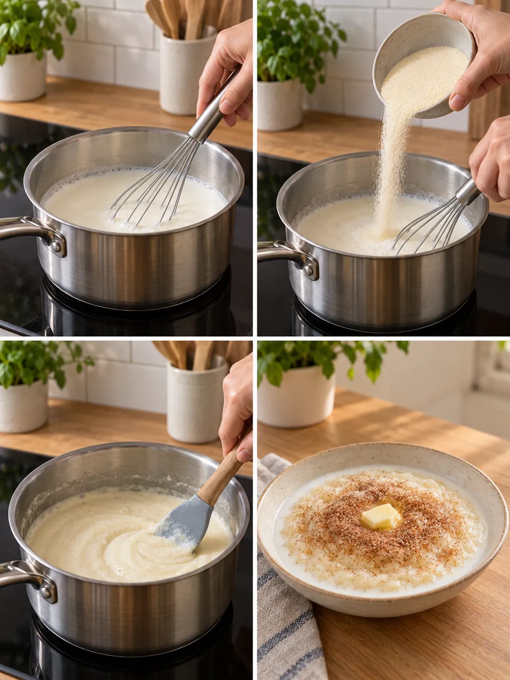 Mjölk värms, mannagryn vispas ner och gröten serveras med kanel, smör och kall mjölk