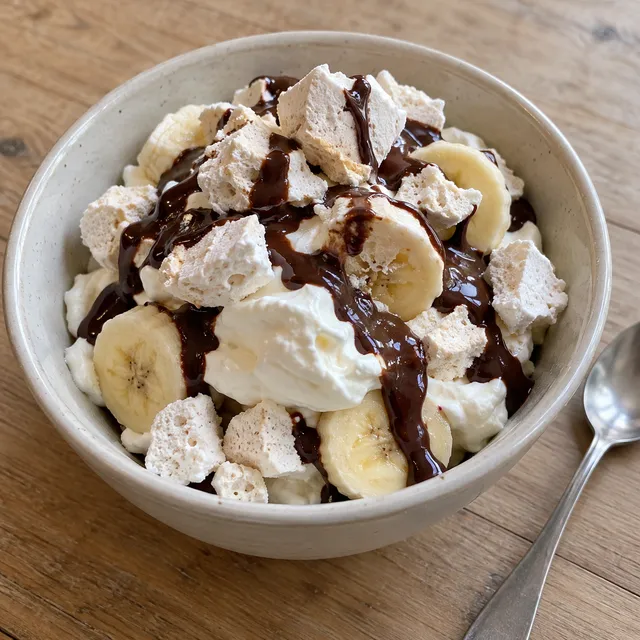 Marängsviss med bananskivor, vispad grädde och mörk chokladsås i en ljus skål