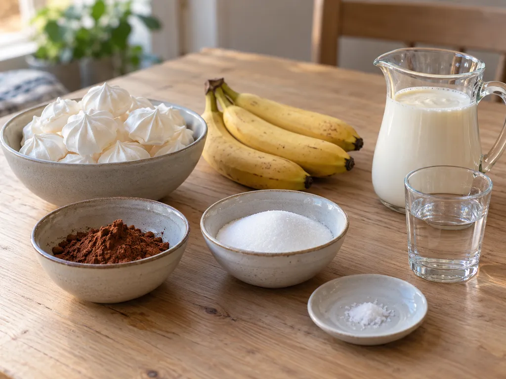 Maränger, tre bananer, grädde, kakao, socker, salt och vatten till marängsviss